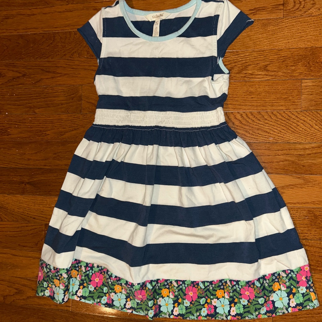 Matilda Jane Navy And White Striped Dress With Floral Hem, Size 6